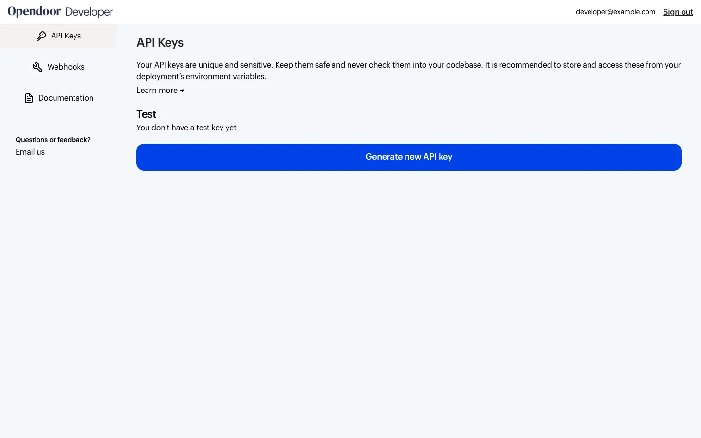 Test API keys in the Developer Dashboard